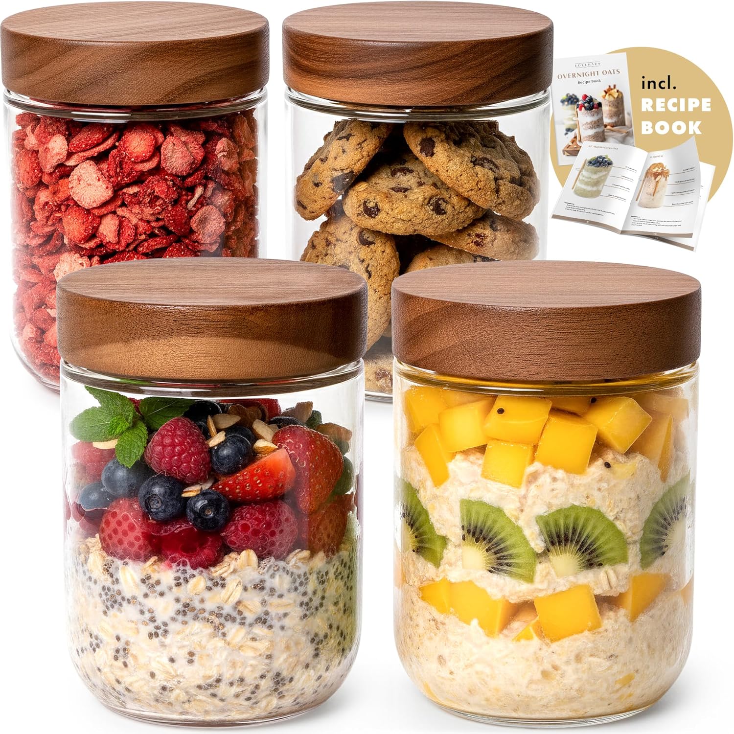 Food Storage Glass Jar - Overnight Oats Containers with Lids Acacia