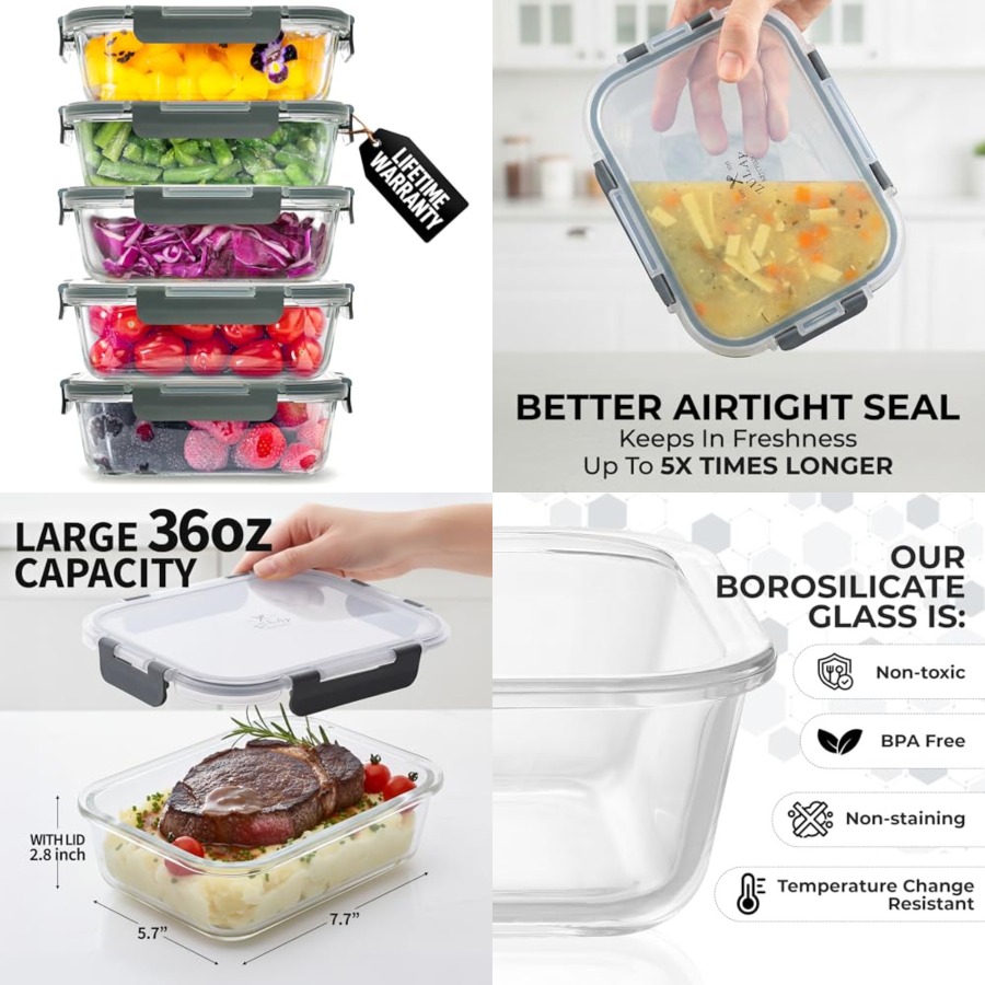 Food Storage Containers Tupperware - 5 Piece Large 36oz Glass Tupperware