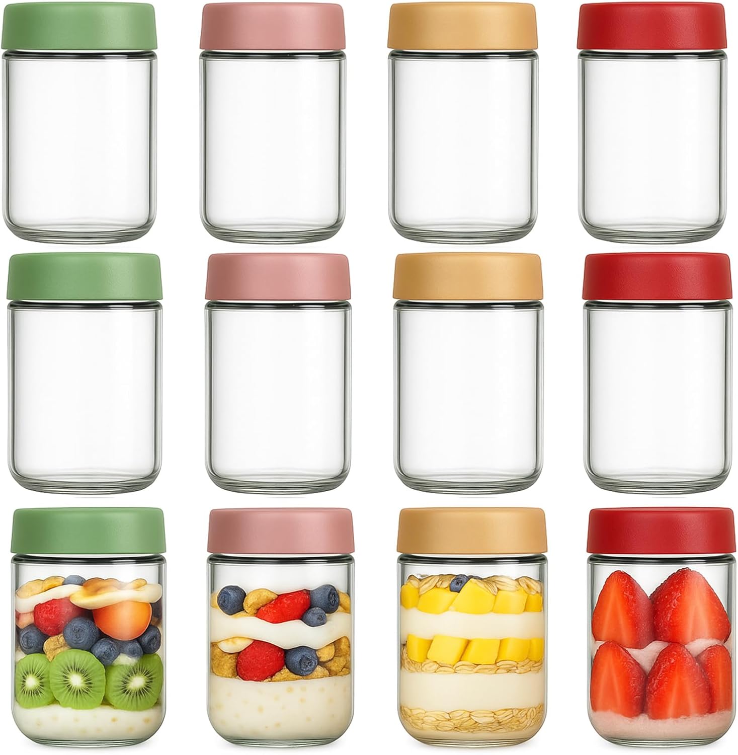 Food Storage Glass Jar - 12 Pack Overnight Oats Containers with